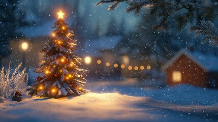 Fototapeta premium A charming festive scene featuring a mini Christmas tree adorned with twinkling lights, nestled amidst a snowy winter backdrop, evoking the warmth and magic of the holiday season. 