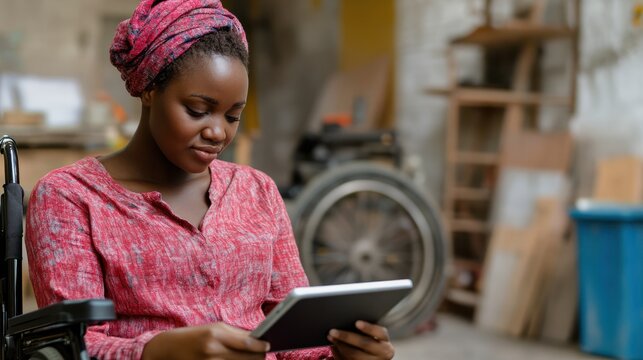 African female worker with disability using digital tablet at work while sitting in wheelchair at workshop - Powered by Adobe