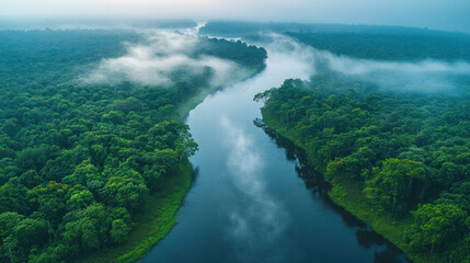 Rainforest aerial view with dense green canopies, dotted with rivers and mist hanging in the air