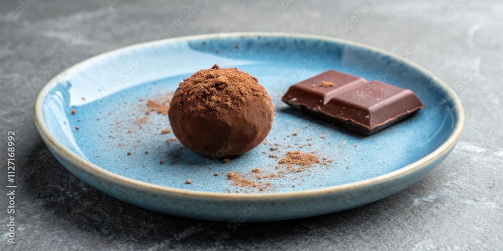 Poster a single dark chocolate truffle dusted with cocoa powder on a blue plate with a piece of chocolate b
