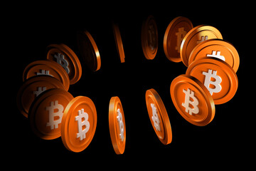 Bitcoin Btc 3D coins in motion forming an elliptical trajectory. High quality 3D rendering.
