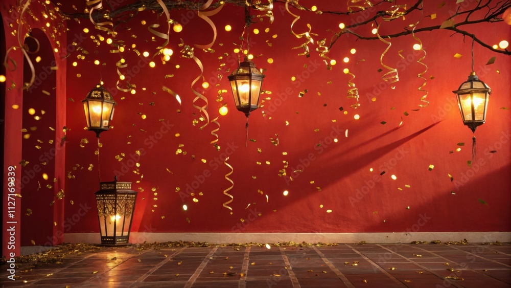 Poster Red wall illuminated by hanging lanterns with golden confetti falling against a backdrop of golden ribbons and string lights