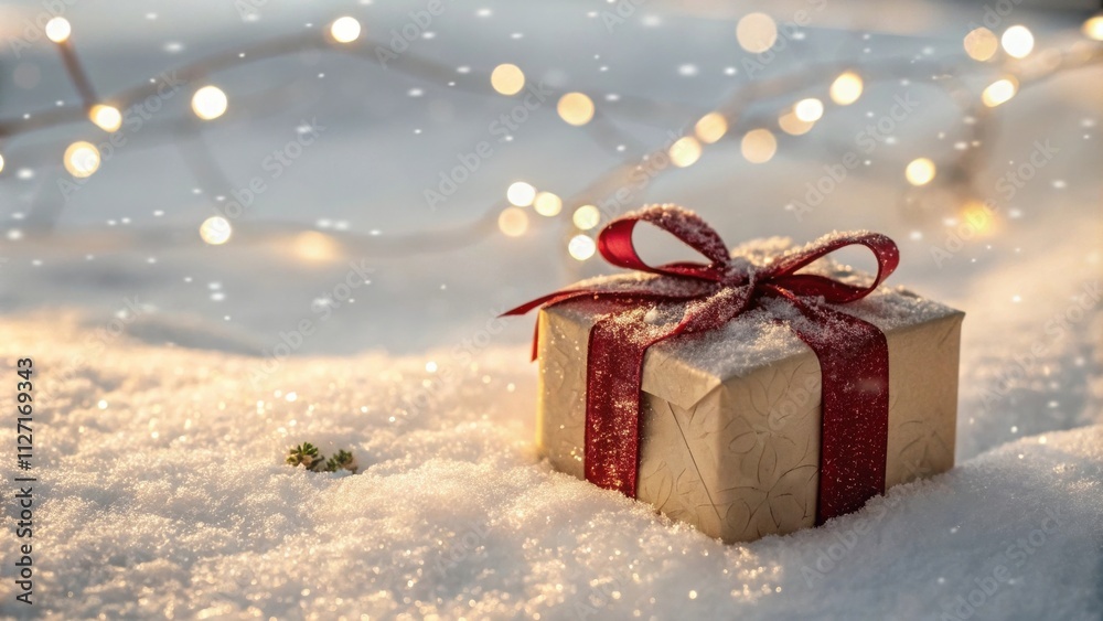 Poster a single wrapped gift with a crimson ribbon rests nestled in a snowy landscape, illuminated by a sof