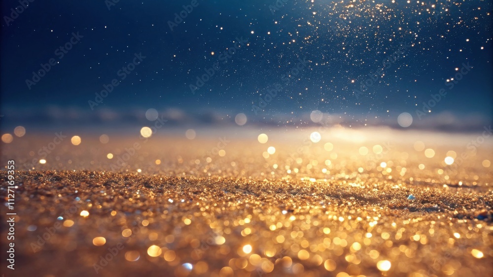 Poster A mesmerizing display of golden sparkles and shimmering lights against a deep blue backdrop, creating a captivating visual of ethereal beauty.