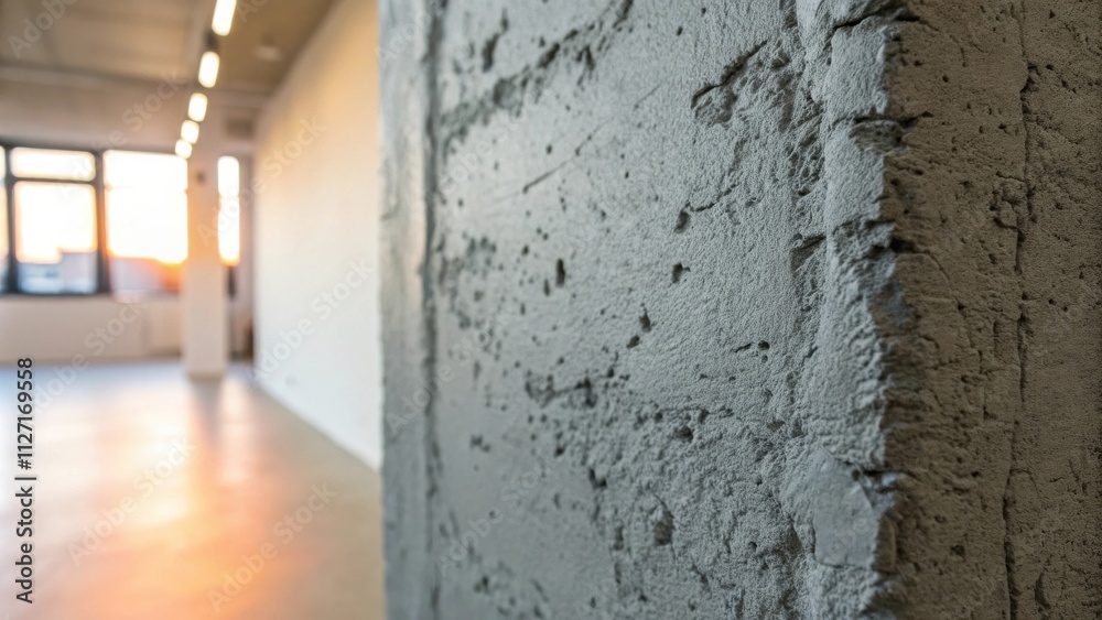 Poster a textured concrete wall corner with a blurred background of a large window and empty room