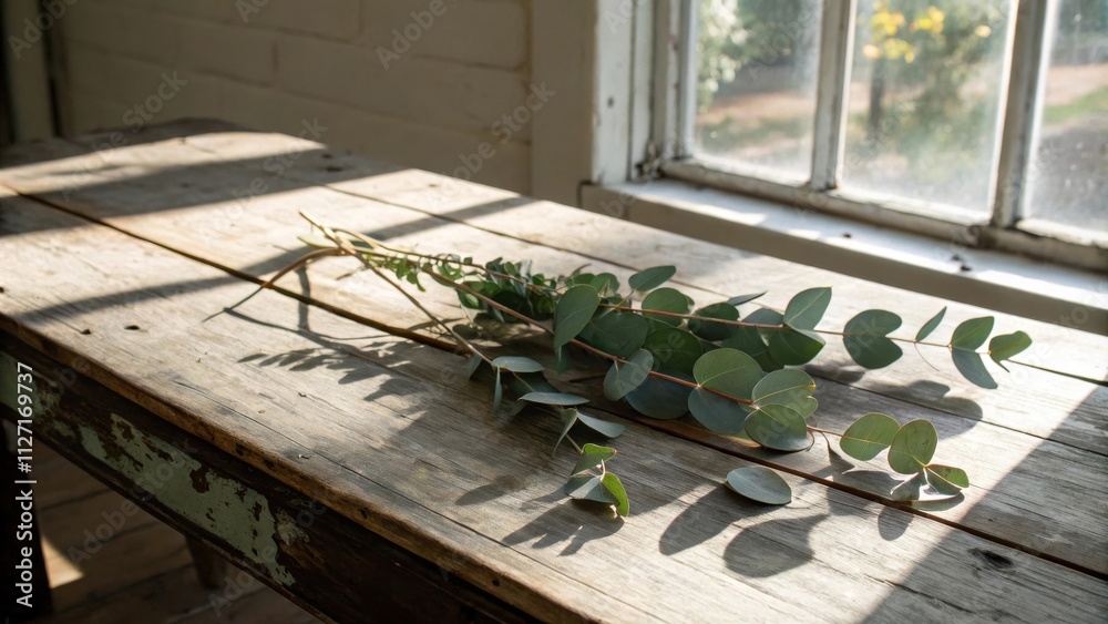 Aufkleber sunlight streams through a window casting long shadows on a rustic wooden table, where a sprig of fr