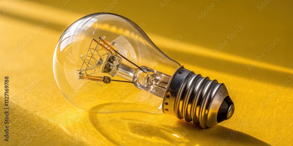 Poster a single incandescent light bulb lying on a yellow surface with a sunbeam shining on it