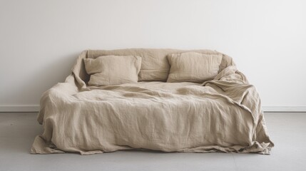 Obraz premium A simple, unmade sofa with two cushions, showcasing a minimalist design aesthetic.