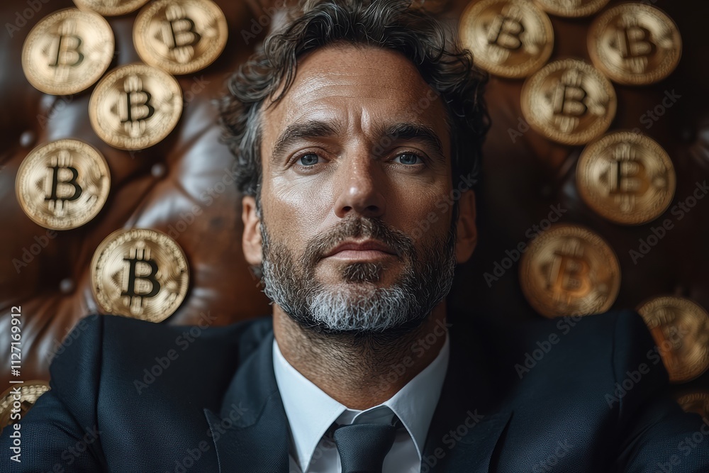 Poster Conceptual photo of a professional man with Bitcoin tokens and dollar signs in motion around him, emphasizing innovation.