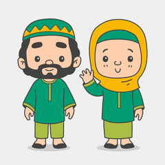 Muslim Man and Woman in Cartoon Style