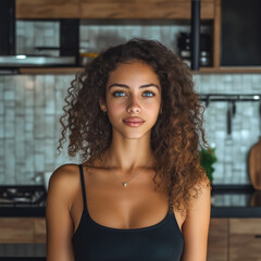 A woman with striking blue eyes and curly hair stands confidently in a modern kitchen setting. Her composed expression and stylish appearance enhance the contemporary ambiance.
