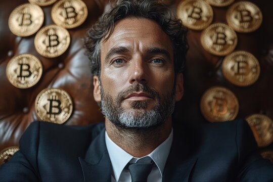 Conceptual photo of a professional man with Bitcoin tokens and dollar signs in motion around him, emphasizing innovation.