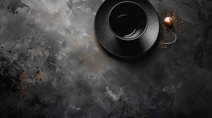 Black cup and saucer on a textured dark background