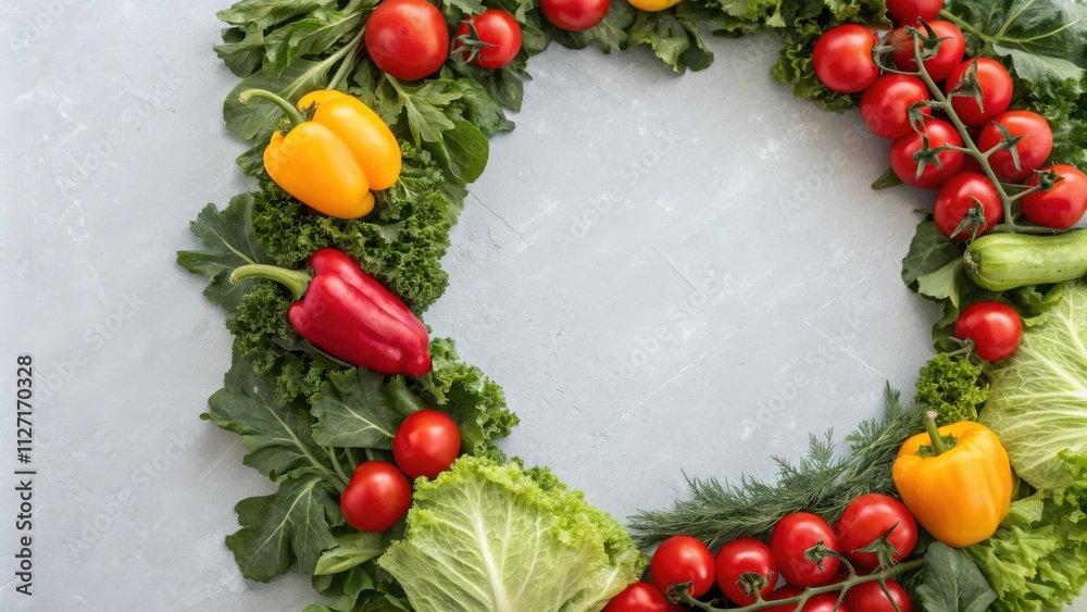 Poster a fresh and vibrant arrangement of colorful vegetables forming a circular frame on a neutral gray ba