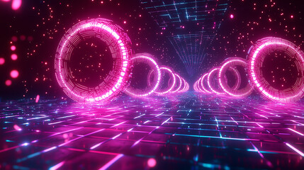 Obraz premium Glowing pink and blue neon rings form a tunnel in a digital grid space Particles float creating a vibrant futuristic atmosphere Cyberpunk aesthetic