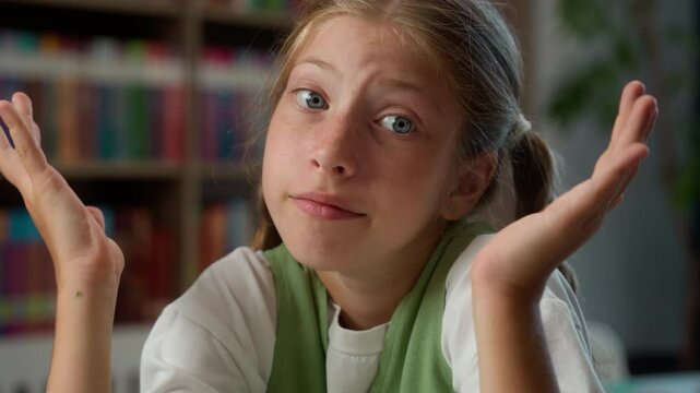 Close up sad upset confused Caucasian little girl puzzled child school kid student pupil schoolgirl looking camera doubt shrugging shoulders don't know answer no clue education learning in classroom