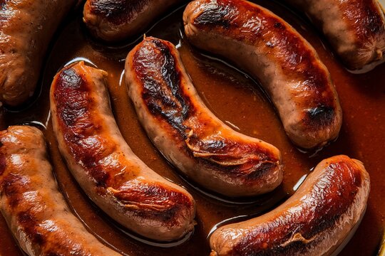 A photo of roasted sausages stewed in gravy