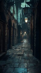 Fototapeta premium A dimly lit alleyway with cobblestone pavement and vintage lanterns, evoking mystery.