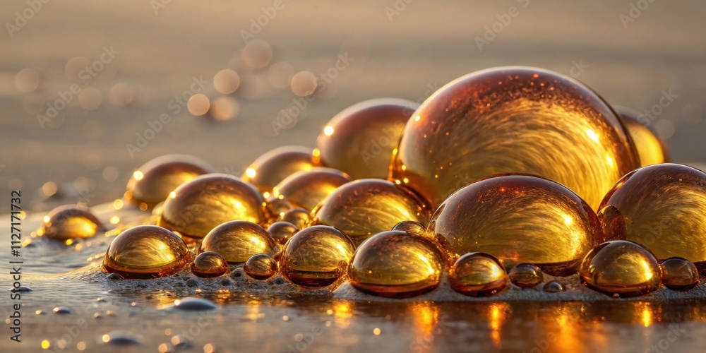 Poster golden bubbles reflecting a sunset glow, creating a mosaic of light and form