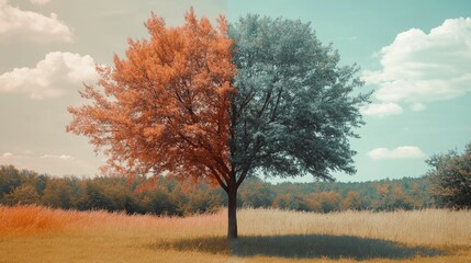 Dual-toned tree, grassy field, cloudy sky.