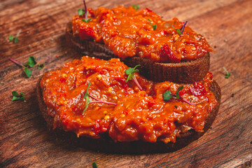 sandwiches, rye bread with eggplant caviar, breakfast, top view, no people,