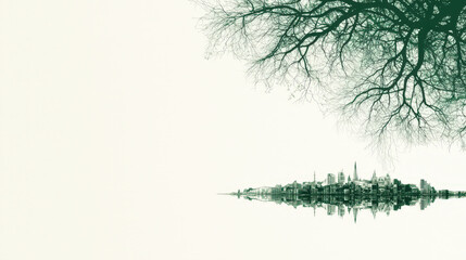Fototapeta premium serene cityscape silhouette reflected in water, framed by intricate tree branches. green tones evoke sense of tranquility and connection to nature