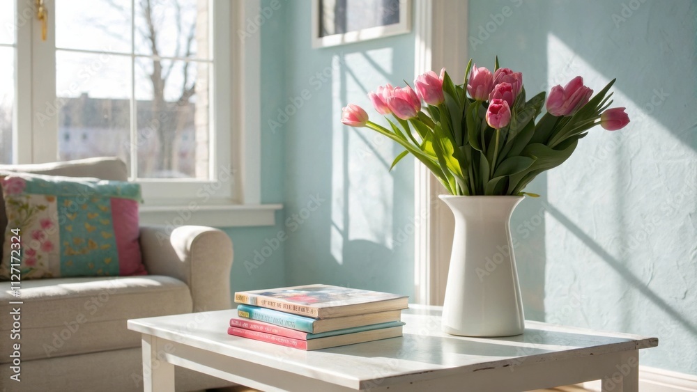Poster a bouquet of pink tulips in a white vase sits on a white coffee table next to a stack of books, all 