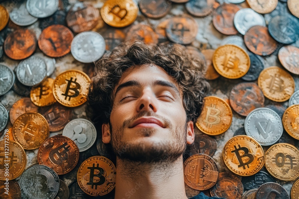 Poster contemporary business concept with a man and bitcoin tokens forming a digital-inspired background.