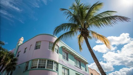 A Pastel Colored Art Deco Building with a Palm Tree Reaching Up Towards the Blue Sky