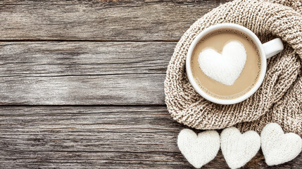 cozy cup of coffee with heart shaped foam sits on knitted scarf, evoking warmth and love. Perfect for romantic setting or comforting moment