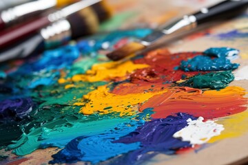 Fototapeta premium artistic shot of a palette filled with an array of vibrant oil paints