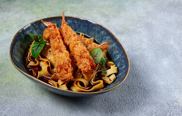 Udon noodles with shrimp in tempura, Japanese cuisine, homemade, no people,
