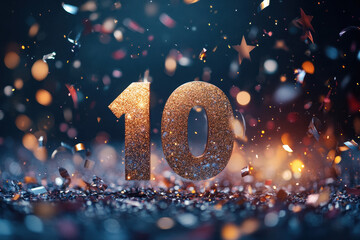 A glittery number 10 amidst confetti, symbolizing celebration or a milestone.