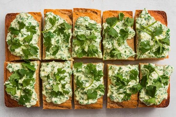 loaf of bread sliced into several pieces and laid out on a white background