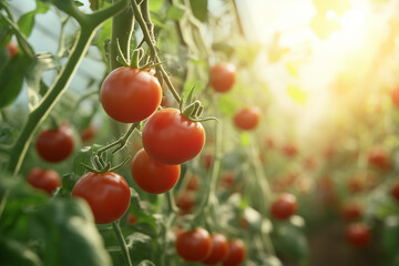 Tomato cultivation in a greenhouse, featuring rows of healthy tomato plants growing under controlled environmental conditions for optimal yield