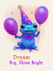 Charming New Year Illustrations with smiling frog wearing festive outfits, holding balloons and party hats: Cute Holiday Designs for Cards, Wallpapers, T-Shirts, Posters & Decor