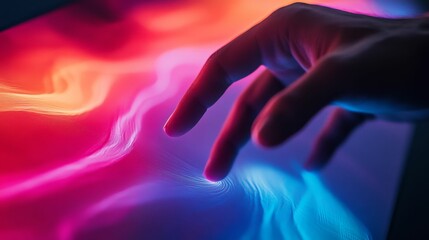 Fingers touch vibrant, glowing, digital waves.