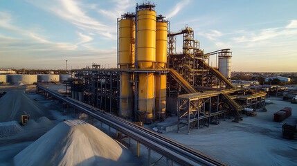 Aerial view of industrial cement plant at sunset.