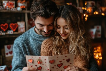 Fototapeta premium Couple enjoys reading heartfelt Valentines Day cards together in a cozy setting