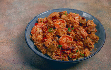 Jambalaya, Creole dish, American pilaf, rice with chicken and shrimp, vegetables, homemade, no people,