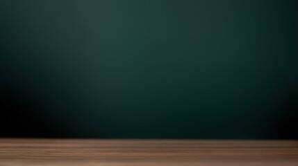 Minimalistic dark green background with wooden table surface showcasing space for product display or artistic presentation in an elegant setting.
