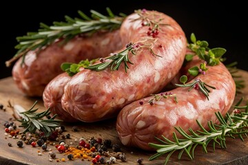 A close-up shot of raw sausages on a wooden board