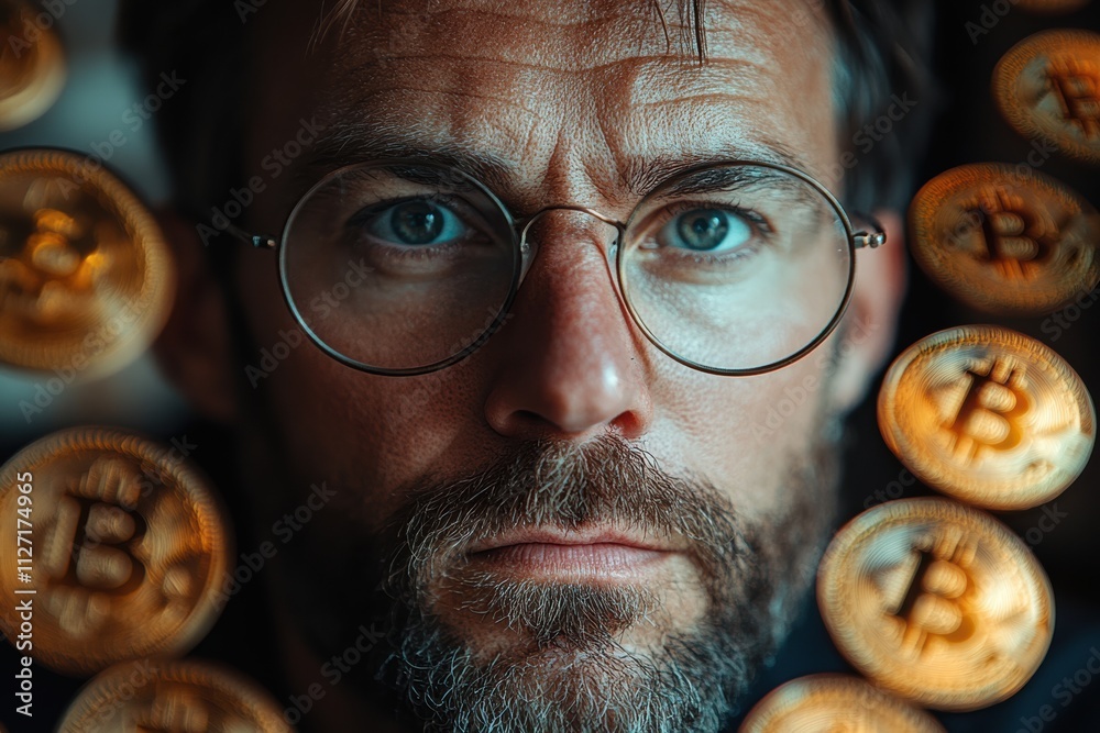 Poster creative financial imagery with a man in focus and bitcoin tokens in motion, emphasizing modern digi