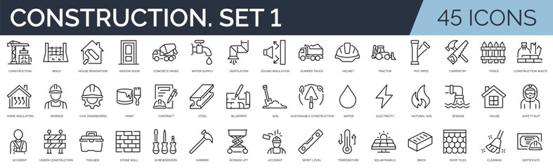 Set of 45 outline icons related to construction. First set. Linear icon collection. Editable stroke. Vector illustration	