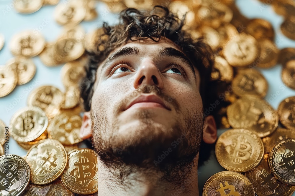 Poster creative financial imagery with a man in focus and bitcoin tokens in motion, emphasizing modern digi
