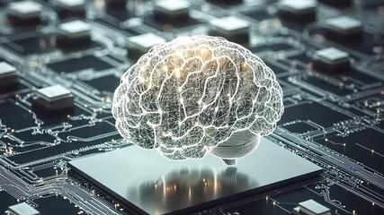 Digital brain on circuit board; AI, technology, neural network concept.