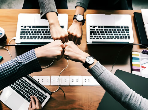 The photo of a group of people's hands on their desks, fists clashing together, symbolizes the power of team unity for business success.
