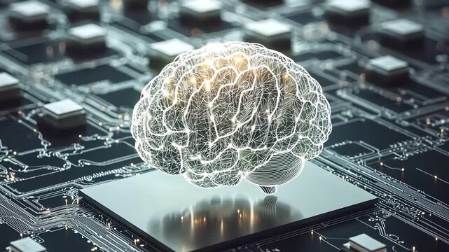 Digital brain on circuit board; AI, technology, neural network concept.
