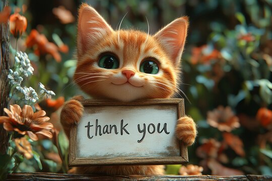 cute cartoon happy cat holding a white board sign that says "thank you" in garden. charity theme. fundraising campaign, nonprofit , philanthropy organization