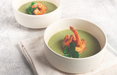 pea cream soup, with shrimp, green soup, homemade, top view, no people,